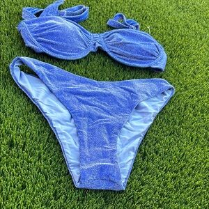 Shimmer Blue Women's Bikini Set - Glitter Bandeau Top & Classic Brief